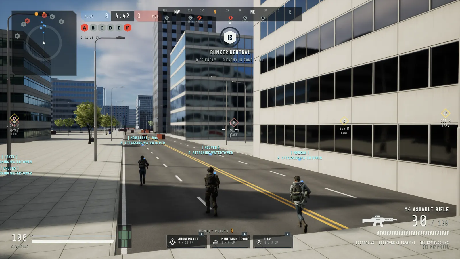 A squad advancing down a harbor street