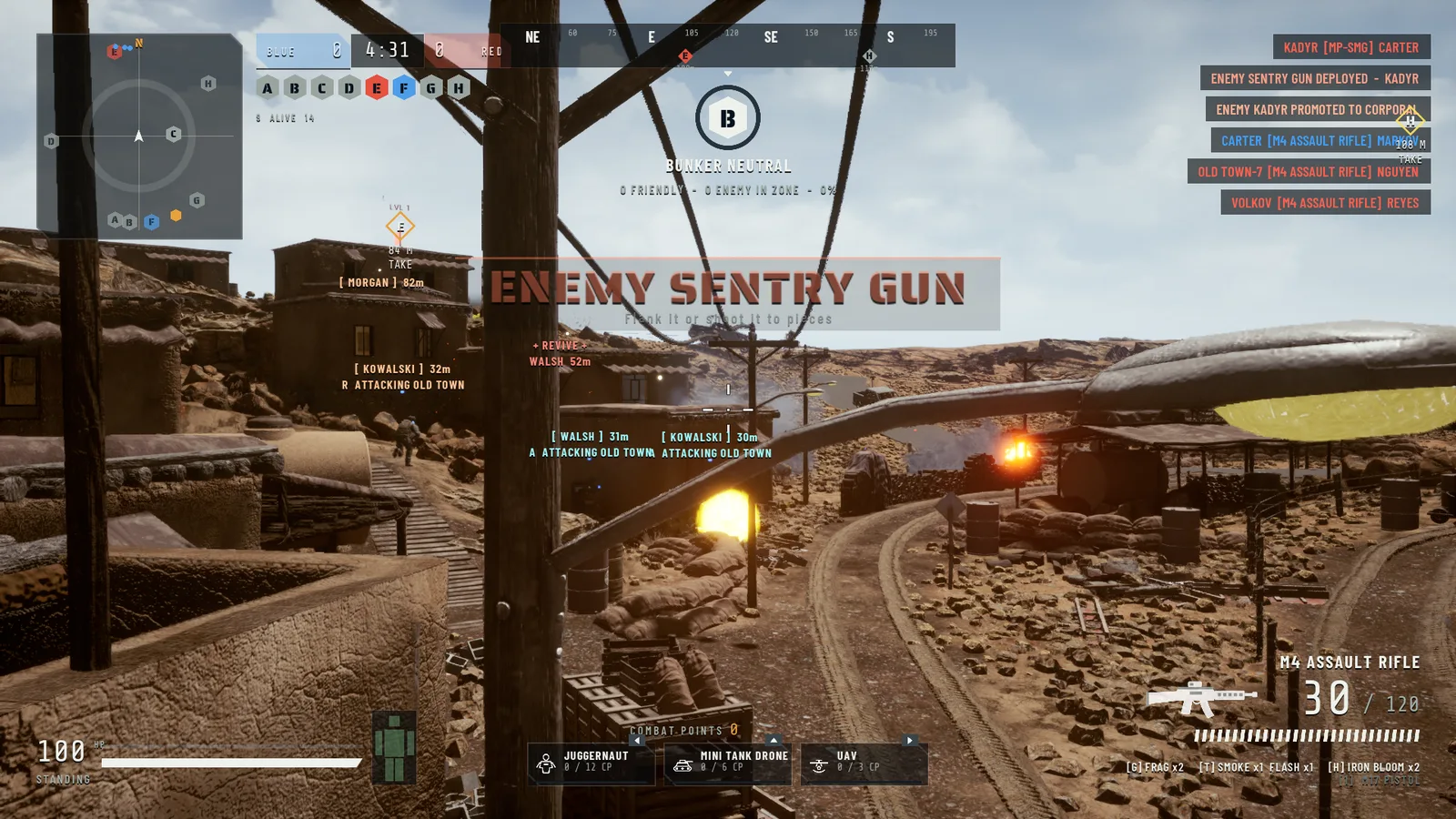 Fighting an enemy sentry gun in the desert